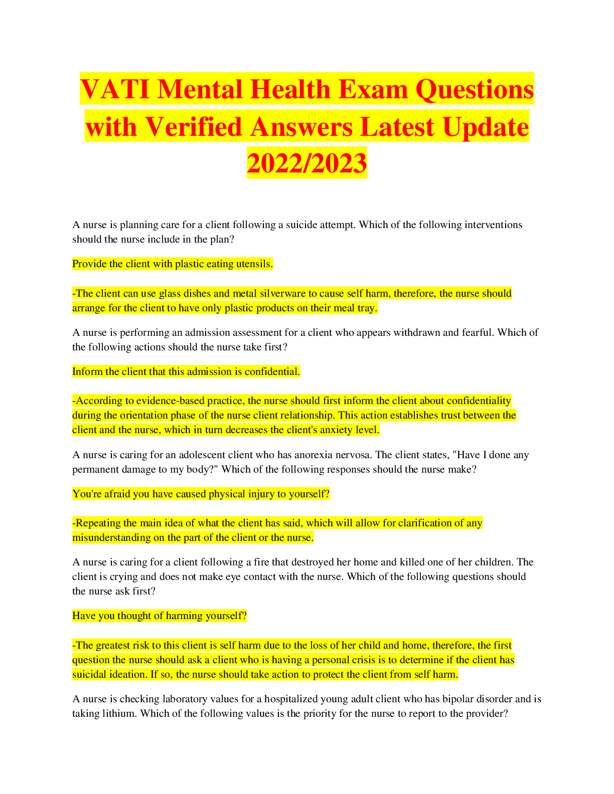 VATI Mental Health Exam Questions with Verified Answers Latest Update